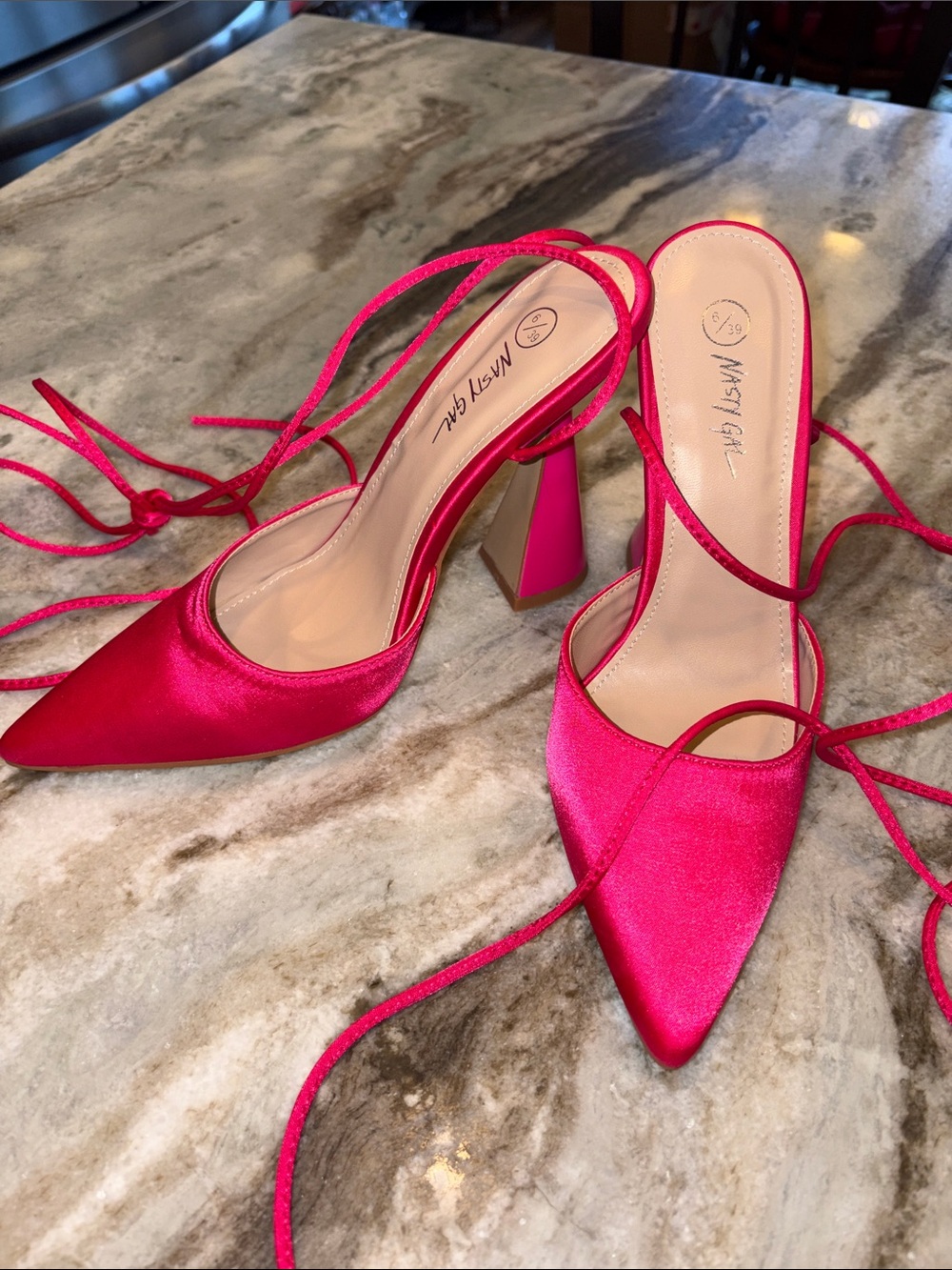 Nasty Gal Hot Pink Satin Pointed Lace-Up Heels
